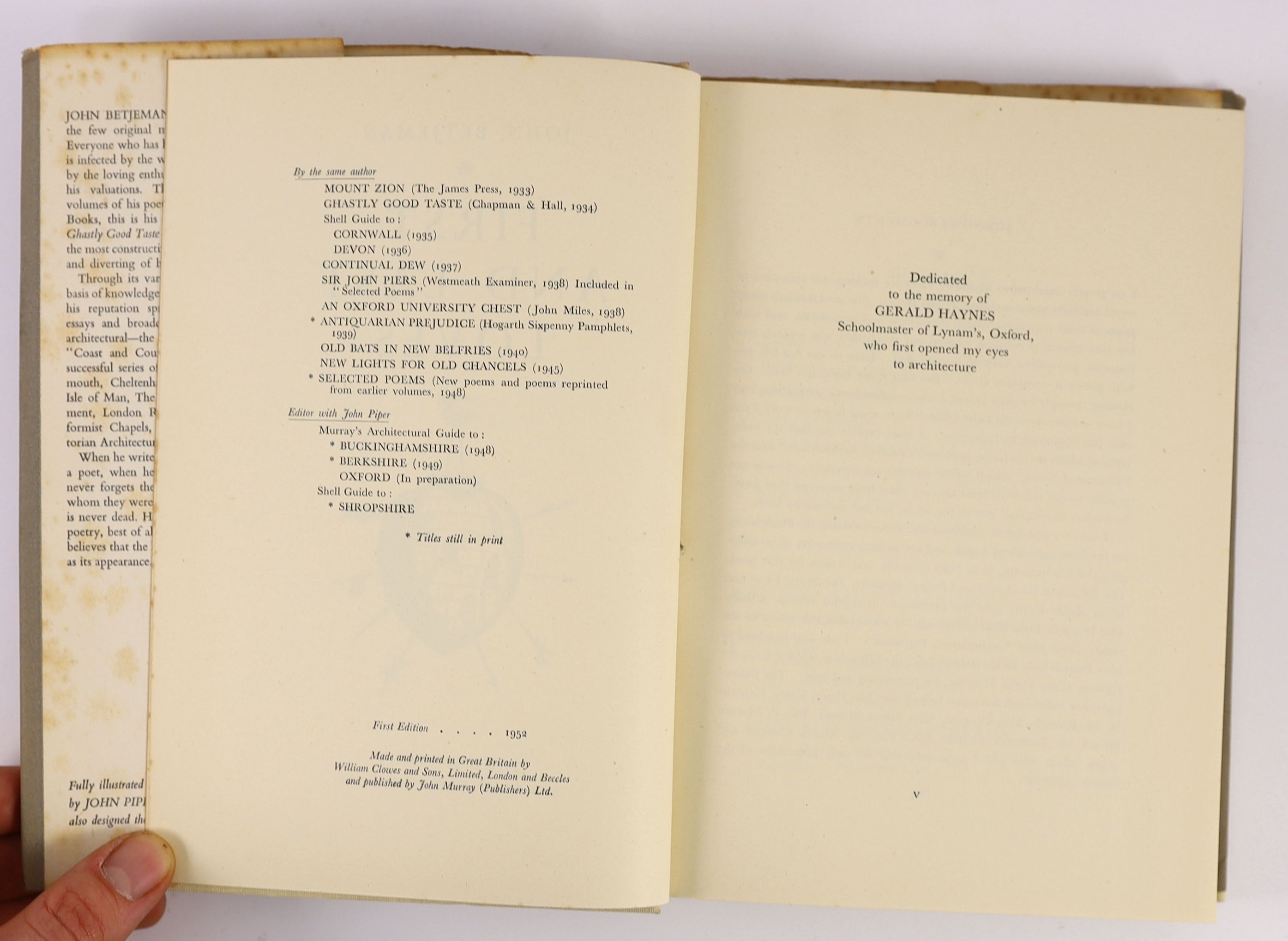 Betjeman, John - 3 works:- Continual Dew, 1st edition, original cloth in unclipped d/j, with price sticker,(8/6 net), John Murray, London, 1937; First and Last Loves, in price clipped d/j, John Murray, London 1952 and Su